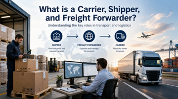 Transport chain in Europe showing shipper freight forwarder and carrier working together to move goods across countries