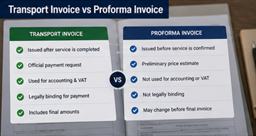 Comparison between transport invoice and proforma invoice documents showing differences in usage