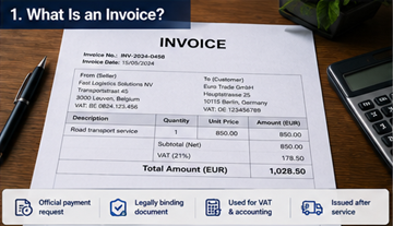 Official transport invoice document showing payment request VAT and freight details