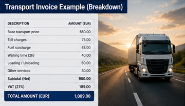 Transport invoice breakdown showing base price toll costs additional services and total amount